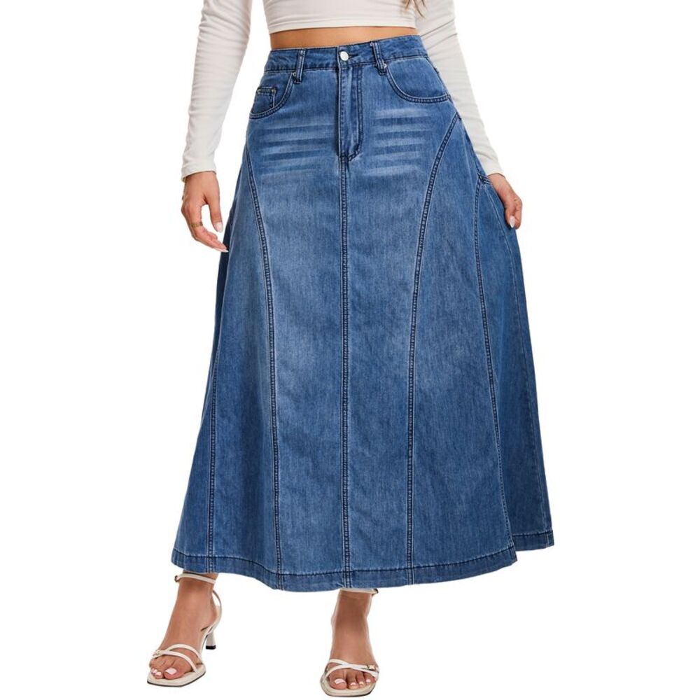 Women's Casual Denim Maxi Skirt A Line Swing Long Jean Skirts Sky Blue